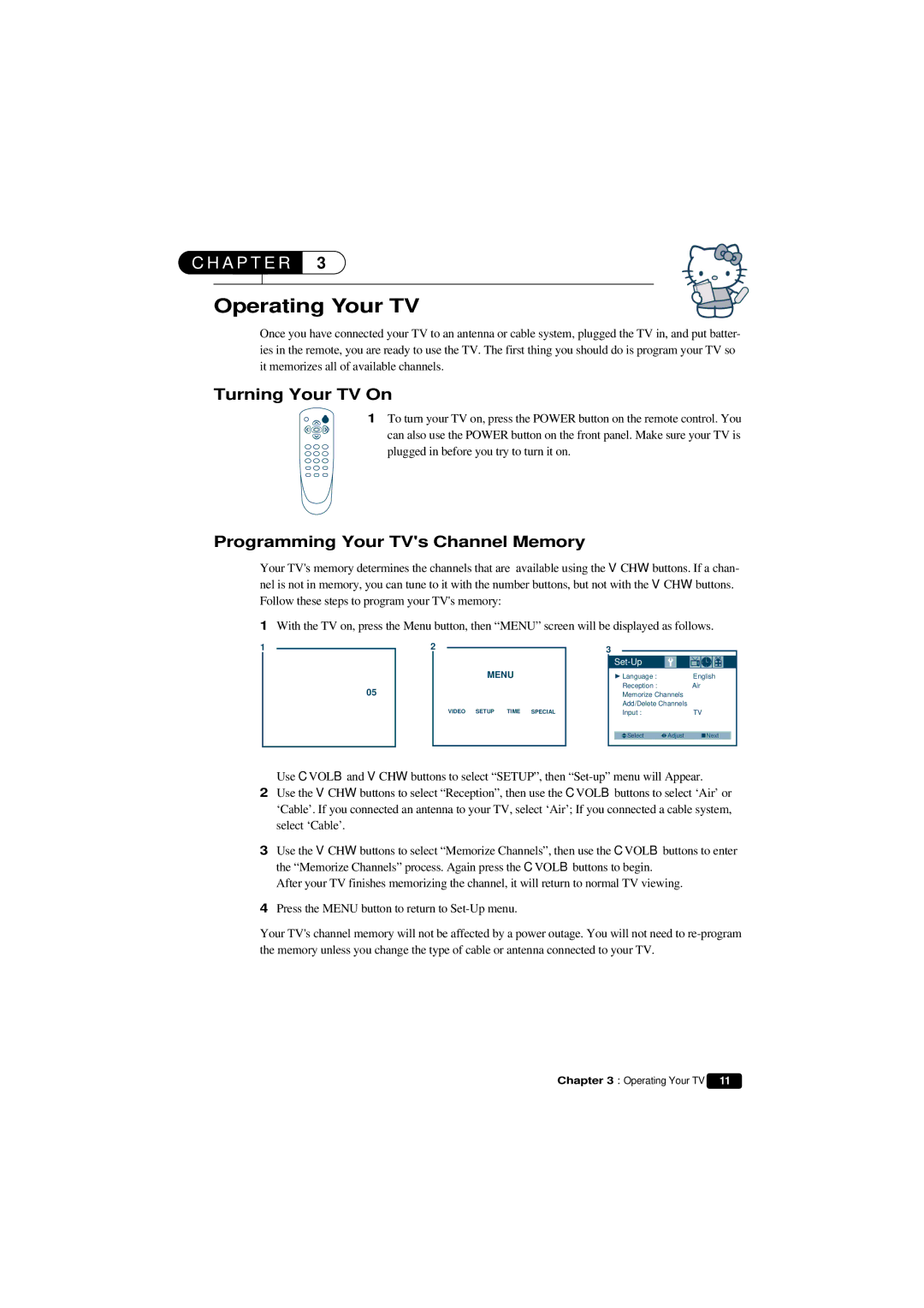 Emerson HKTV13 owner manual Operating Your TV, Turning Your TV On, Programming Your TVs Channel Memory 