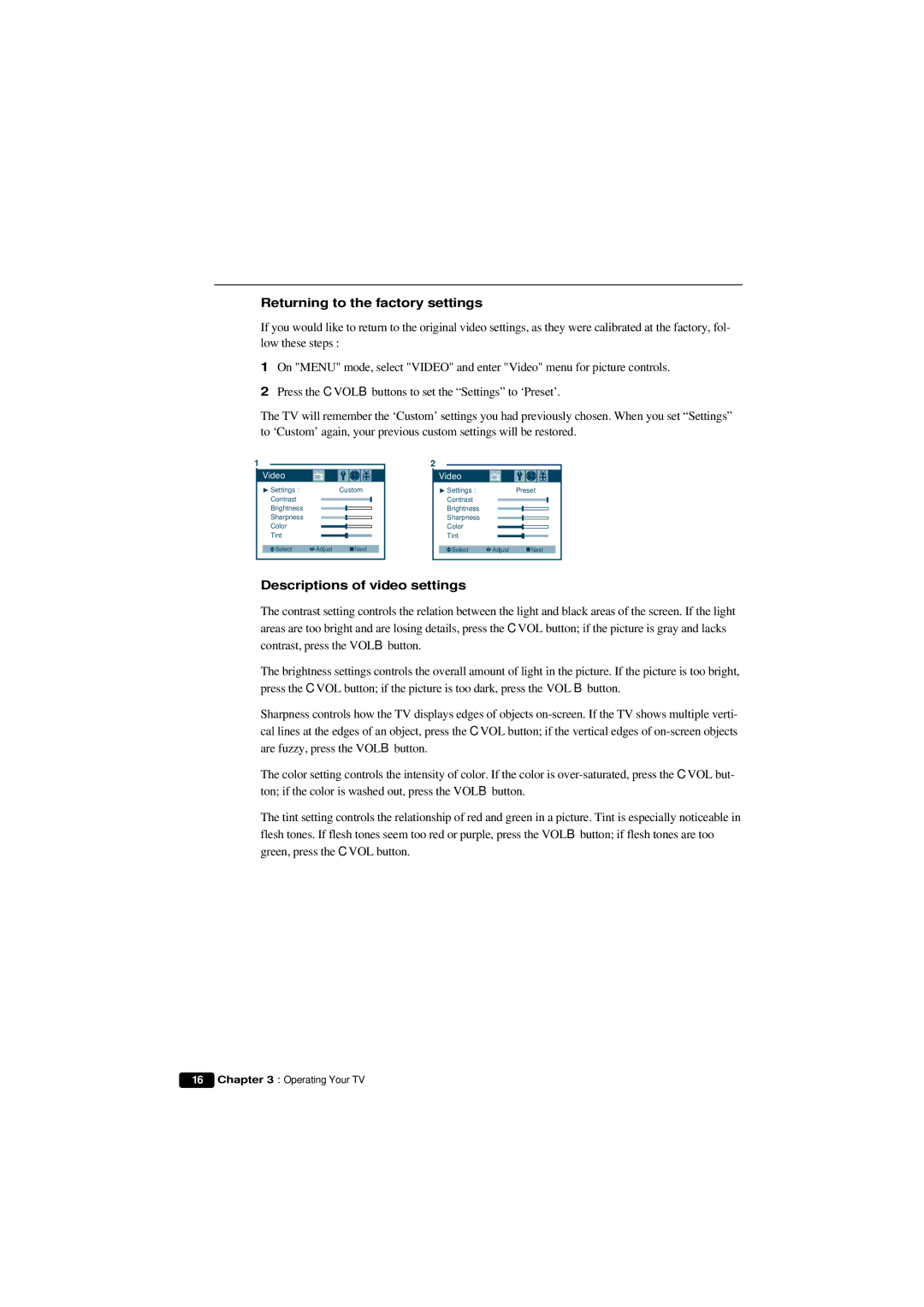 Emerson HKTV13 owner manual Returning to the factory settings, Descriptions of video settings 