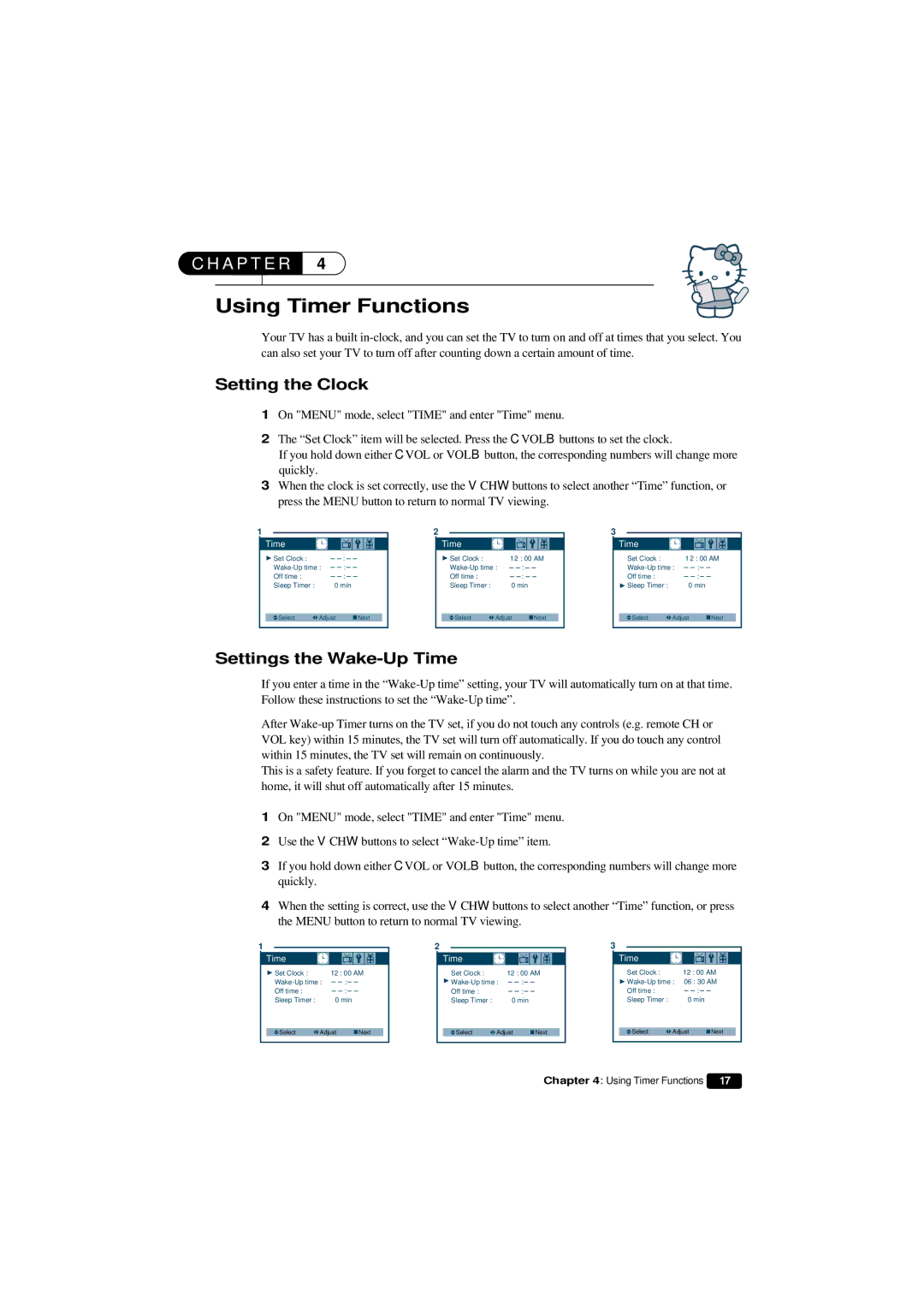 Emerson HKTV13 owner manual Using Timer Functions, Setting the Clock, Settings the Wake-Up Time 