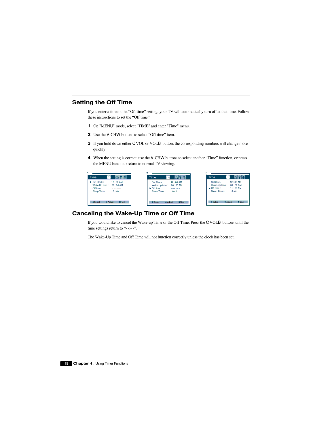 Emerson HKTV13 owner manual Setting the Off Time, Canceling the Wake-Up Time or Off Time 