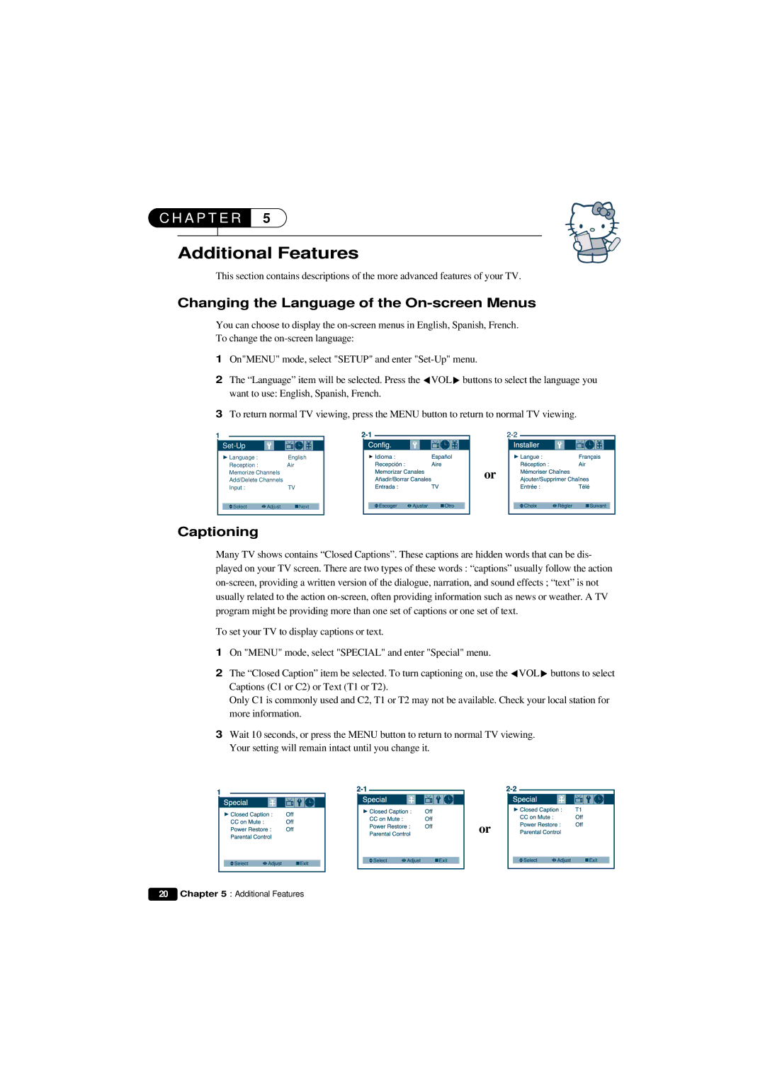 Emerson HKTV13 owner manual Additional Features, Changing the Language of the On-screen Menus, Captioning 