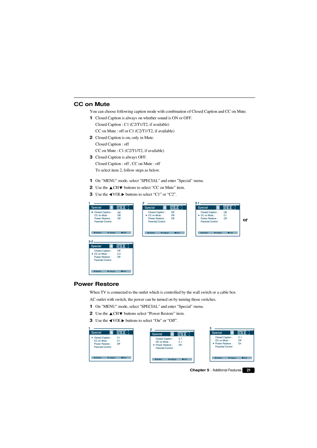 Emerson HKTV13 owner manual CC on Mute, Power Restore 