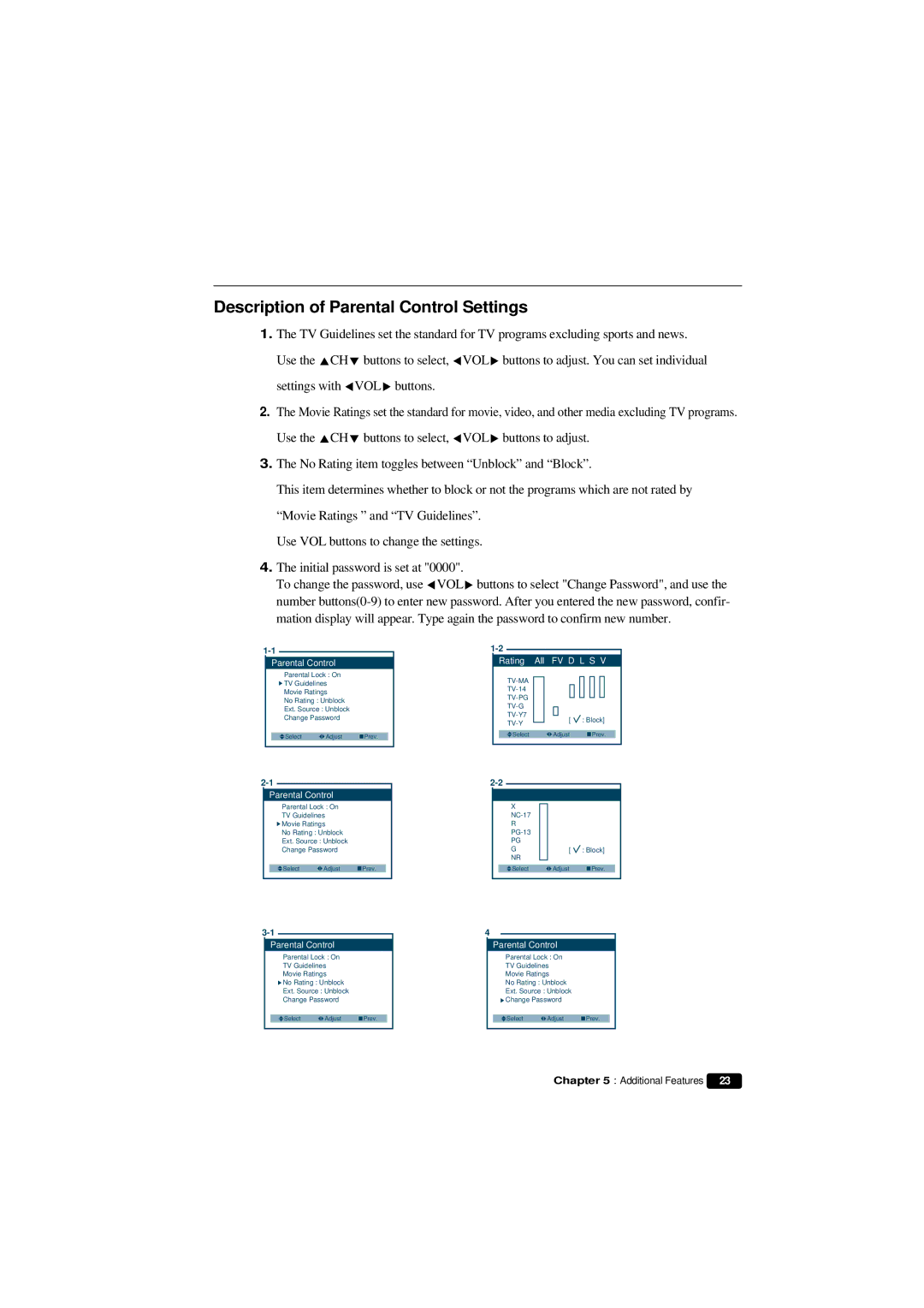 Emerson HKTV13 owner manual Description of Parental Control Settings 