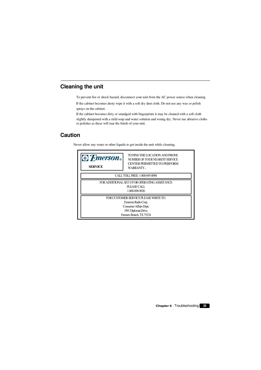 Emerson HKTV13 owner manual Cleaning the unit, Service 