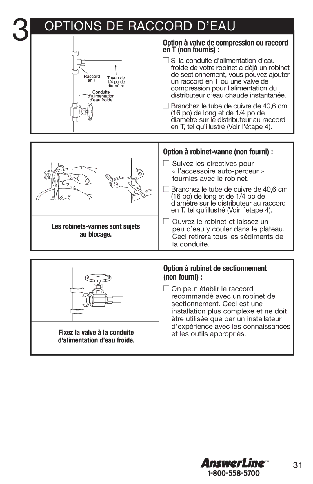 Emerson Hot1 manual Options DE Raccord D’EAU, Option à valve de compression ou raccord en T non fournis 