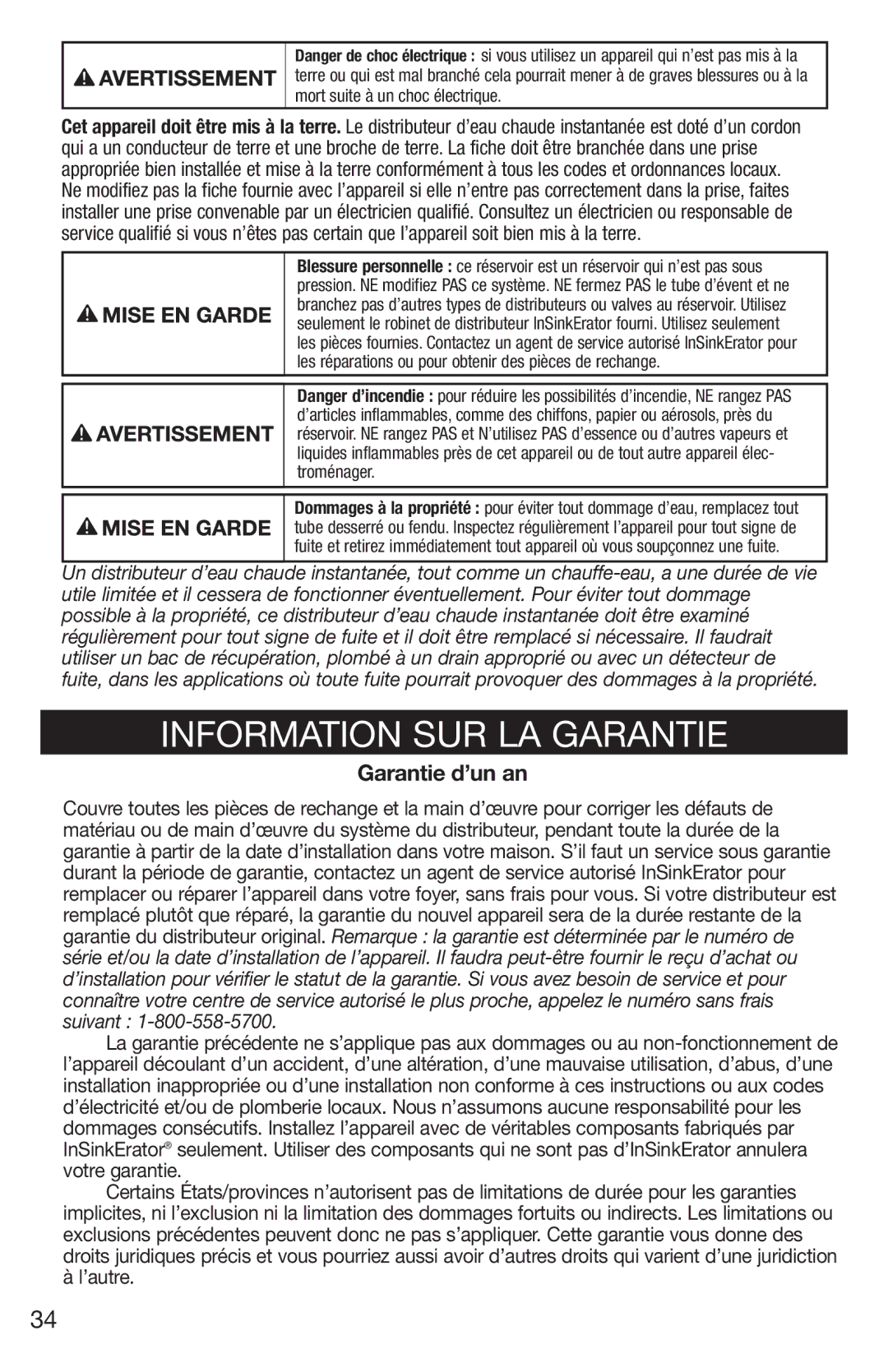 Emerson Hot1 manual Information SUR LA Garantie, Garantie d’un an 