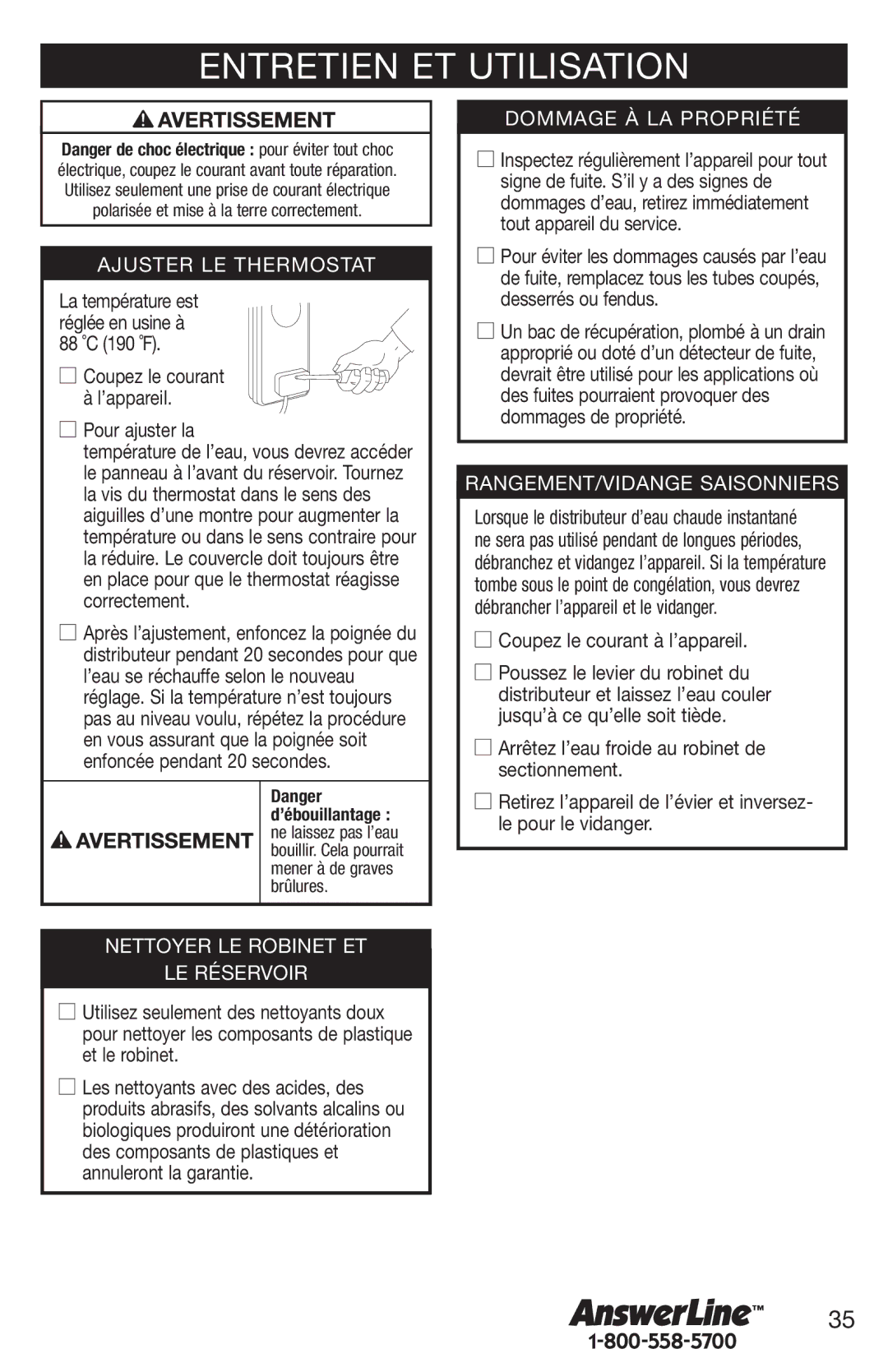 Emerson Hot1 manual Entretien ET Utilisation, Pour ajuster la, Coupez le courant à l’appareil 