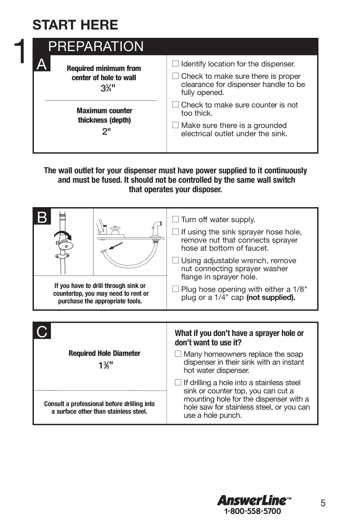 Emerson Hot1 manual Preparation, That operates your disposer, Required minimum from center of hole to wall 