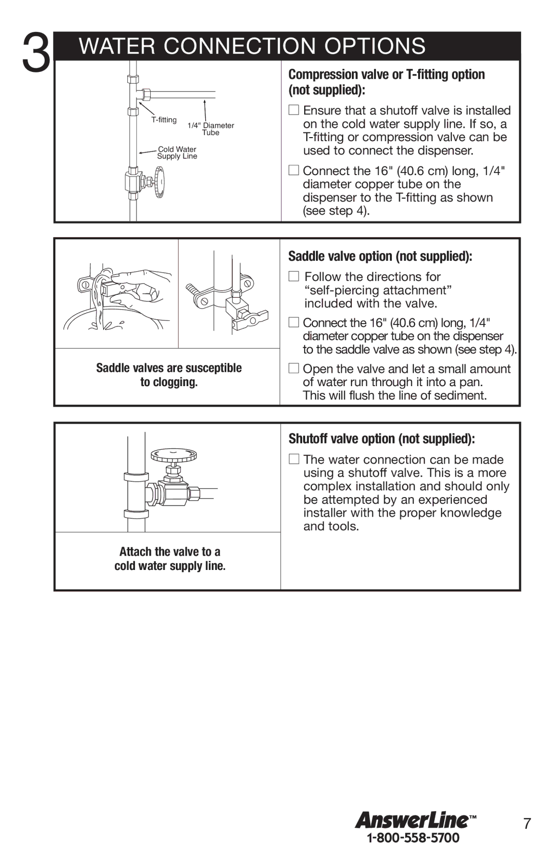 Emerson Hot1 manual Water Connection Options, Compression valve or T-fitting option not supplied 