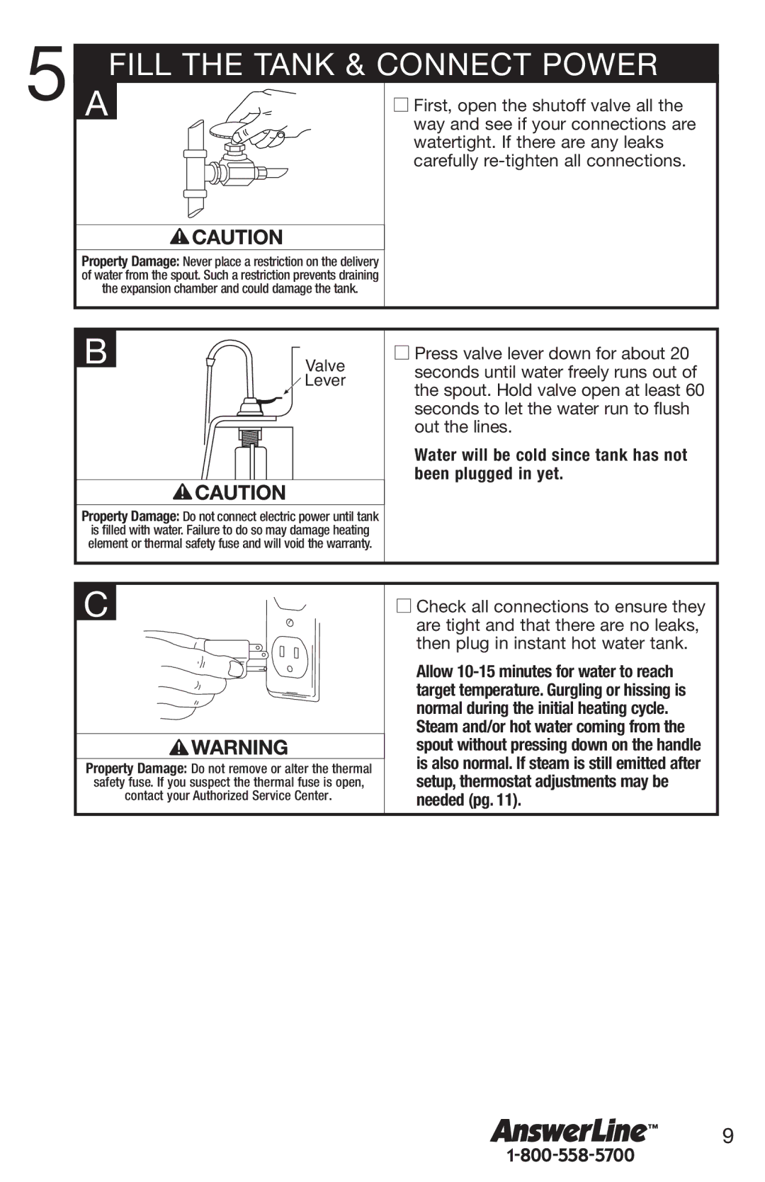 Emerson Hot1 manual Fill the Tank & Connect Power, First, open the shutoff valve all, Watertight. If there are any leaks 