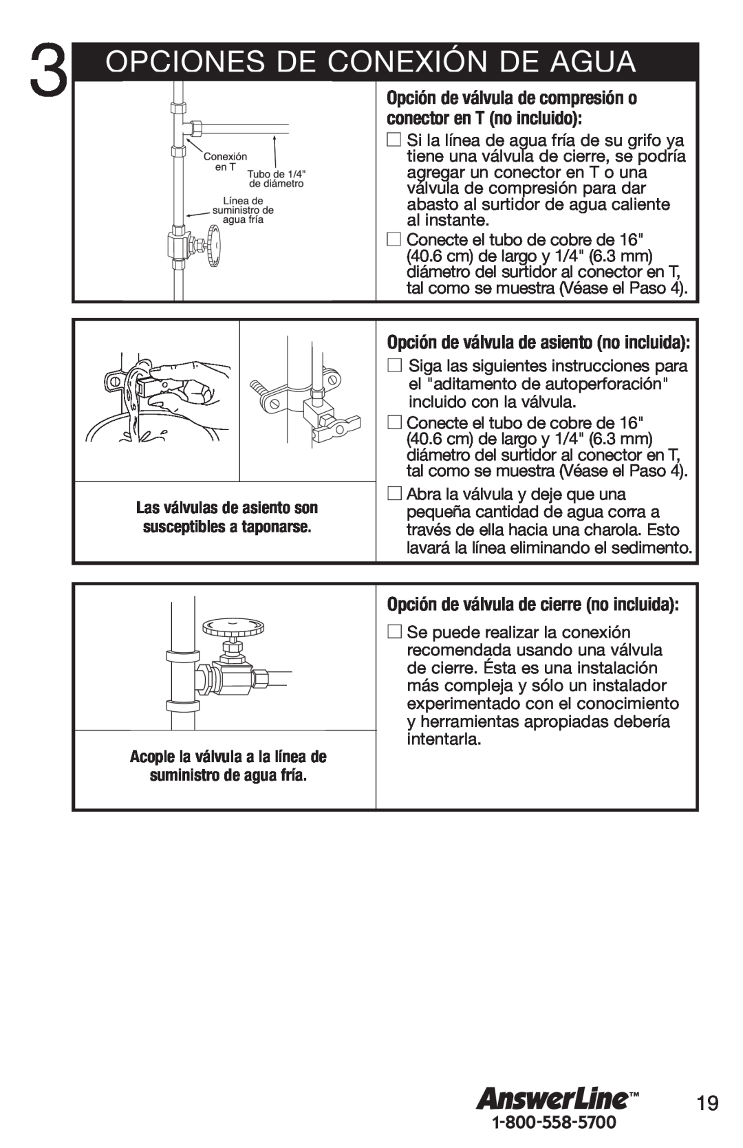 Emerson Hot1 manual Opciones De Conexión De Agua, Opción de válvula de asiento no incluida, Acople la válvula a la línea de 