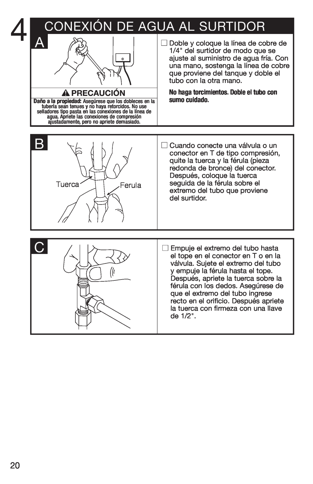Emerson Hot1 manual Conexión De Agua Al Surtidor, TuercaFérula 