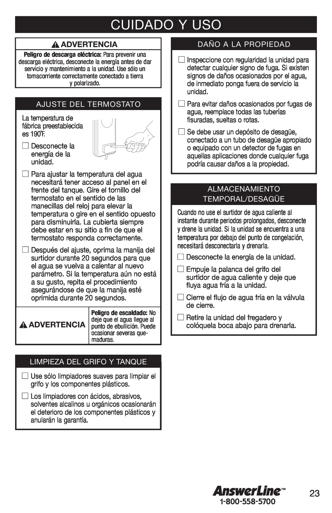 Emerson Hot1 manual Cuidado Y Uso, Ajuste Del Termostato, Limpieza Del Grifo Y Tanque, Daño A La Propiedad 