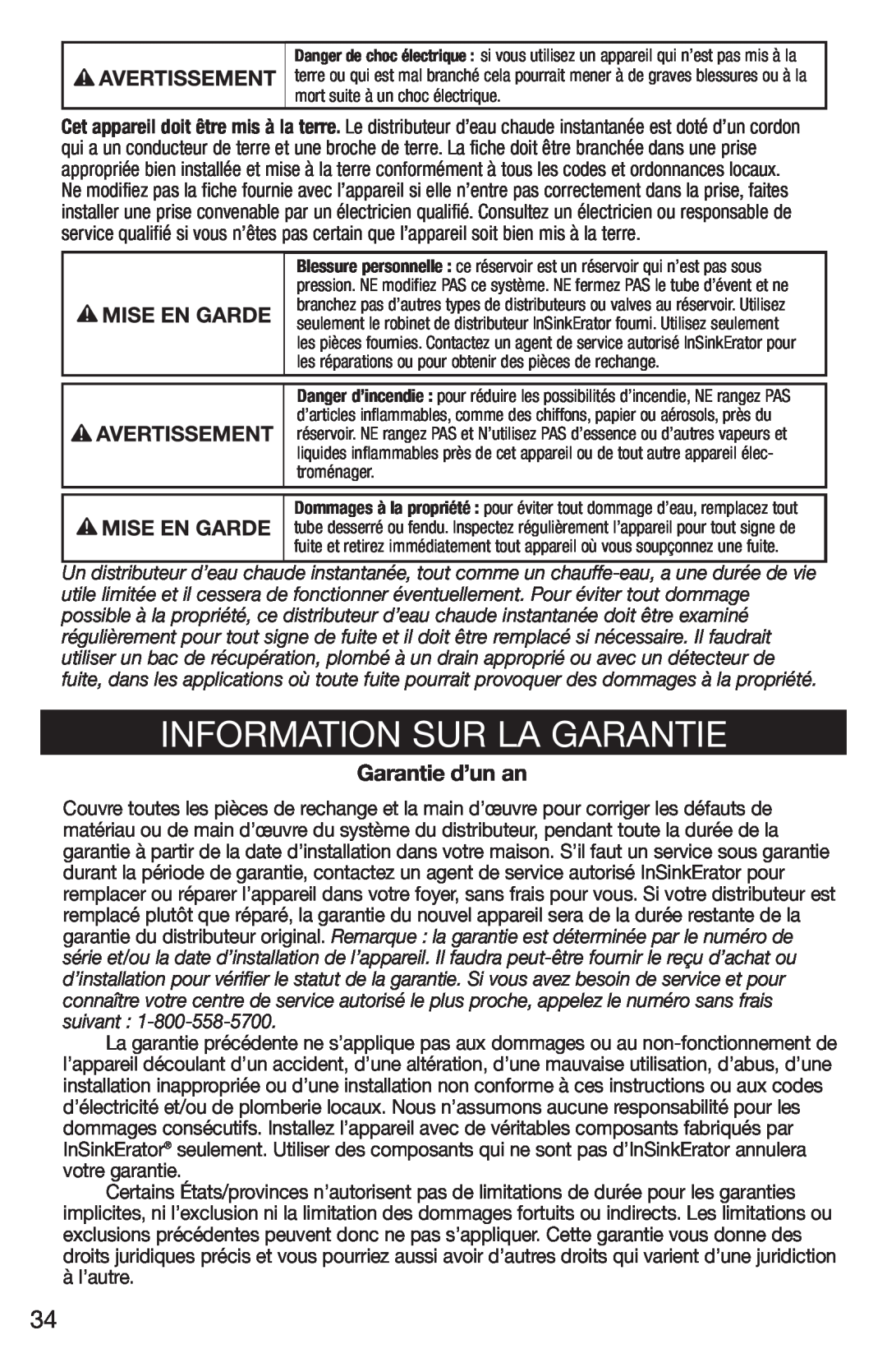 Emerson Hot1 manual Information Sur La Garantie, Garantie d’un an 