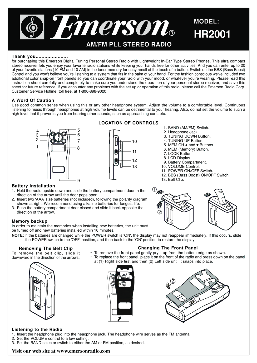 Emerson HR2001 instruction sheet Location of Controls 