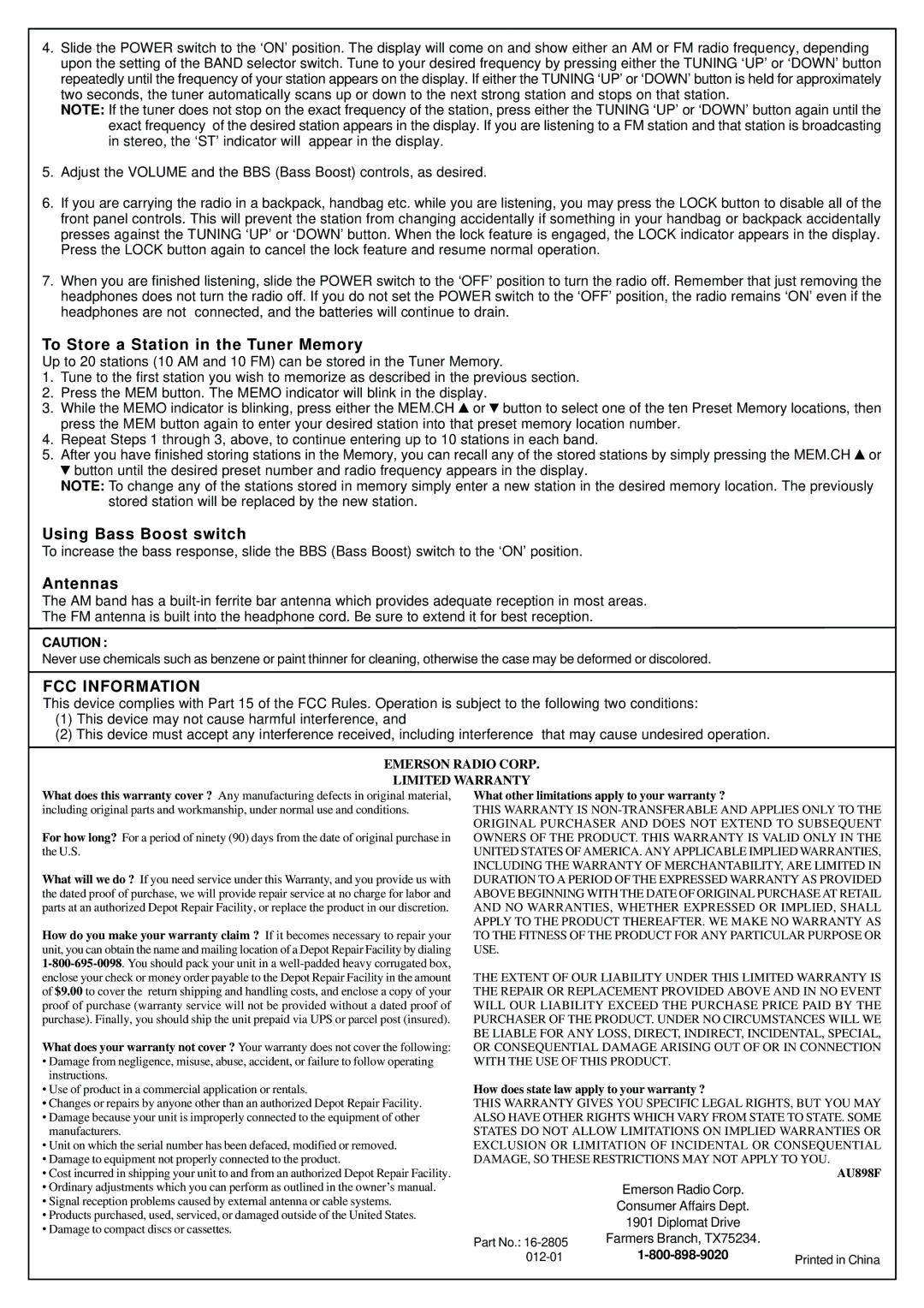 Emerson HR2001 instruction sheet To Store a Station in the Tuner Memory, Using Bass Boost switch, Antennas, FCC Information 