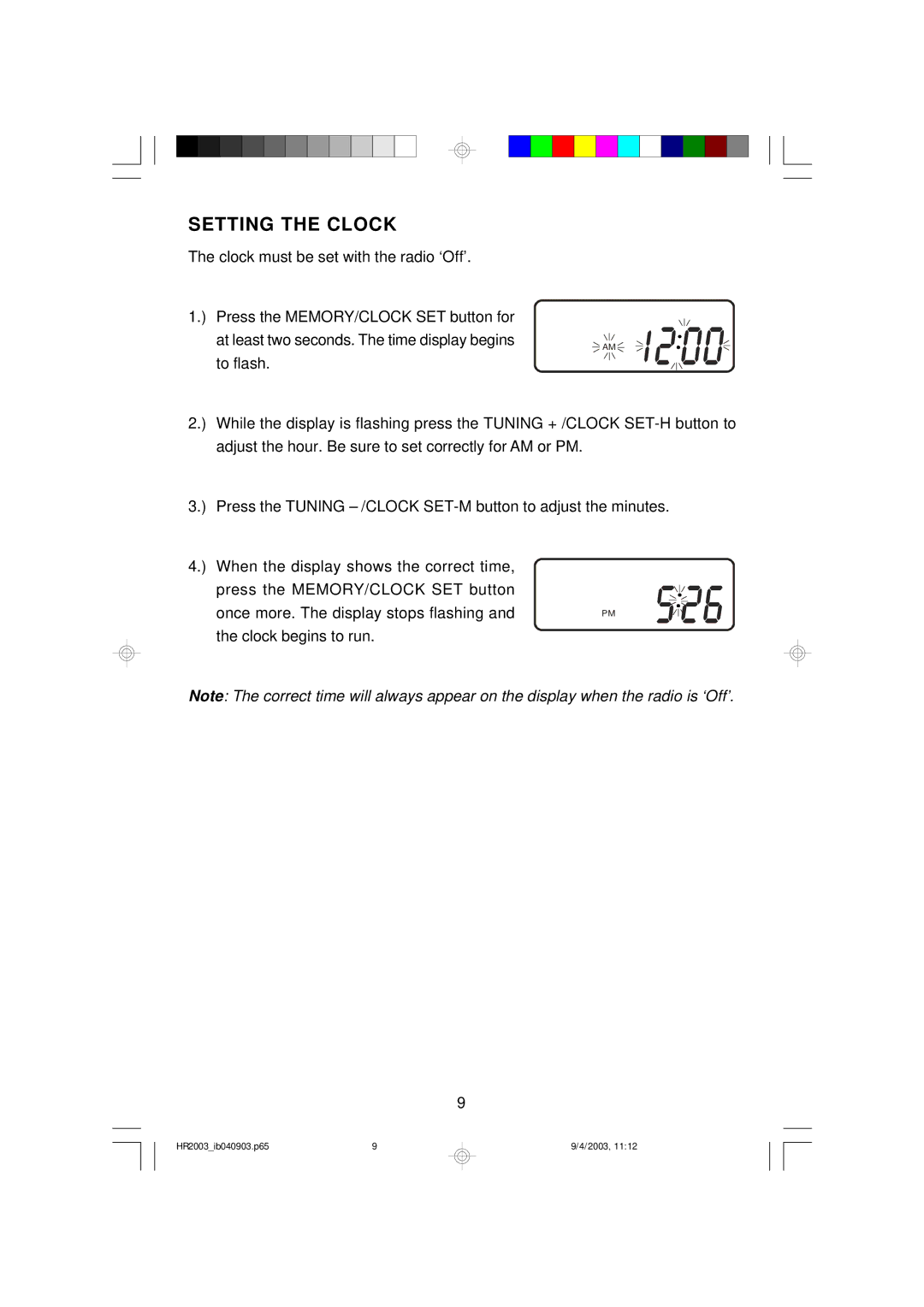 Emerson HR2003 owner manual Setting the Clock 