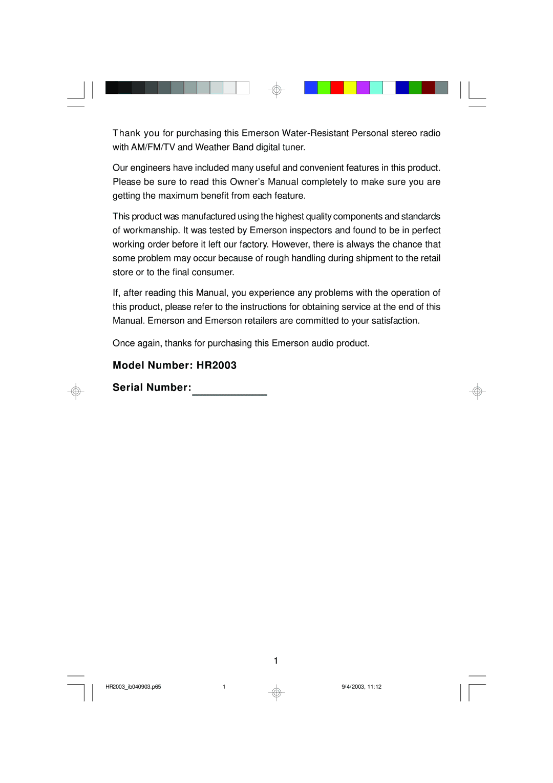 Emerson owner manual Model Number HR2003 Serial Number 