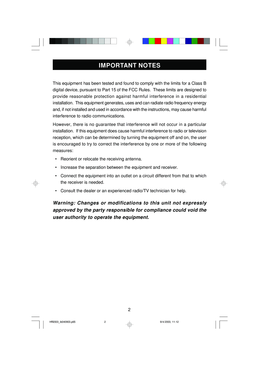 Emerson HR2003 owner manual Important Notes 