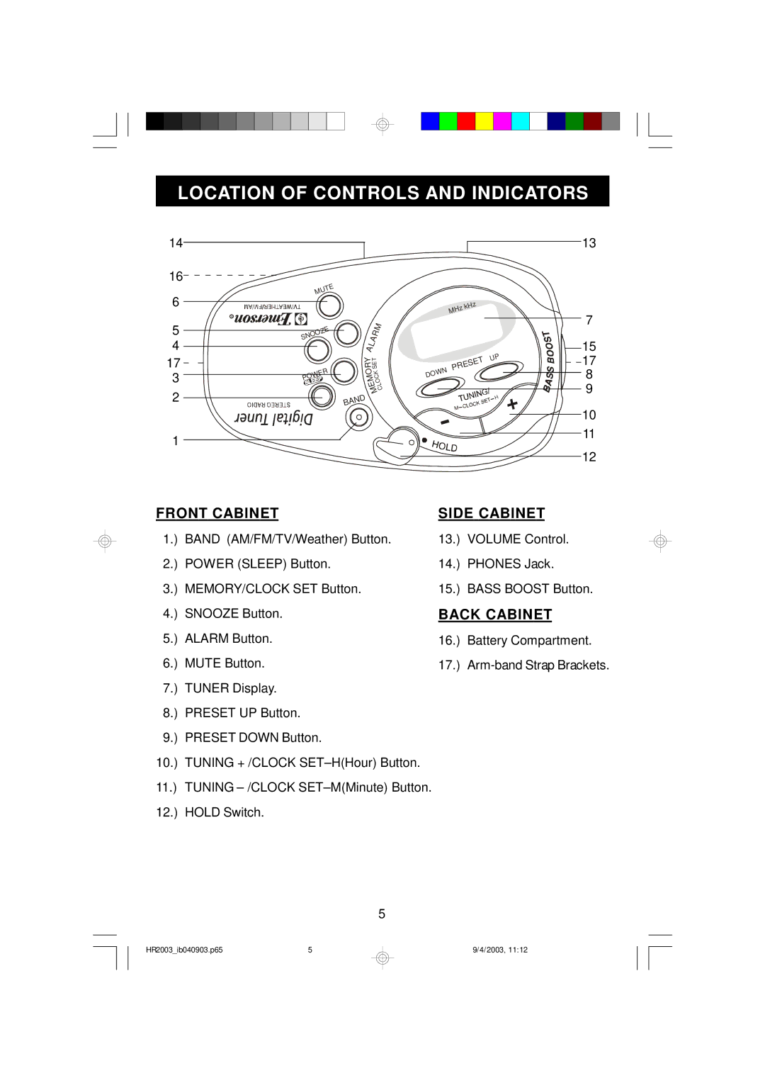 Emerson HR2003 owner manual Location of Controls and Indicators, Front Cabinet Side Cabinet 