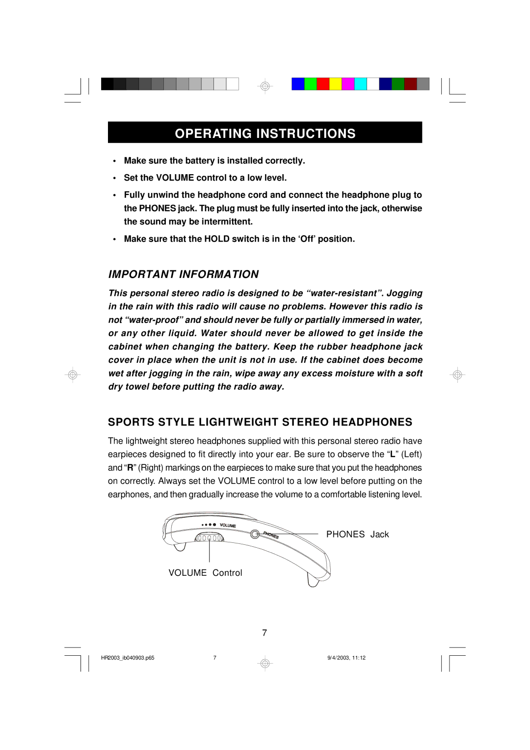 Emerson HR2003 owner manual Operating Instructions, Sports Style Lightweight Stereo Headphones 