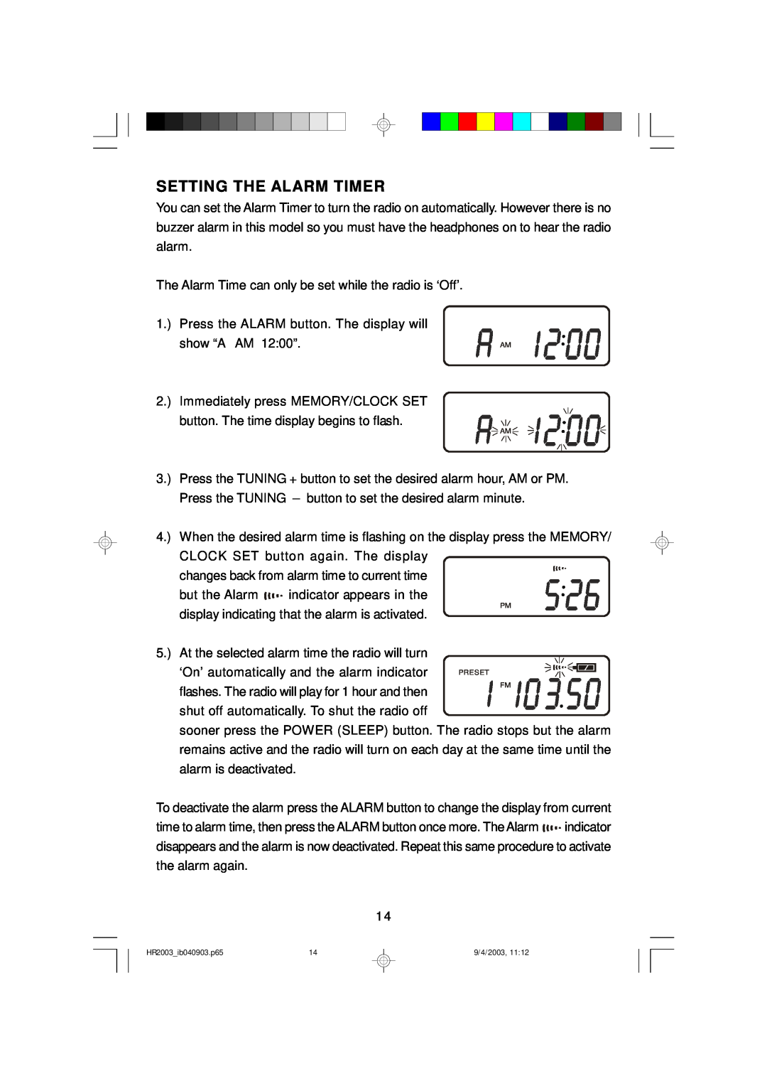 Emerson HR2003 owner manual Setting The Alarm Timer 