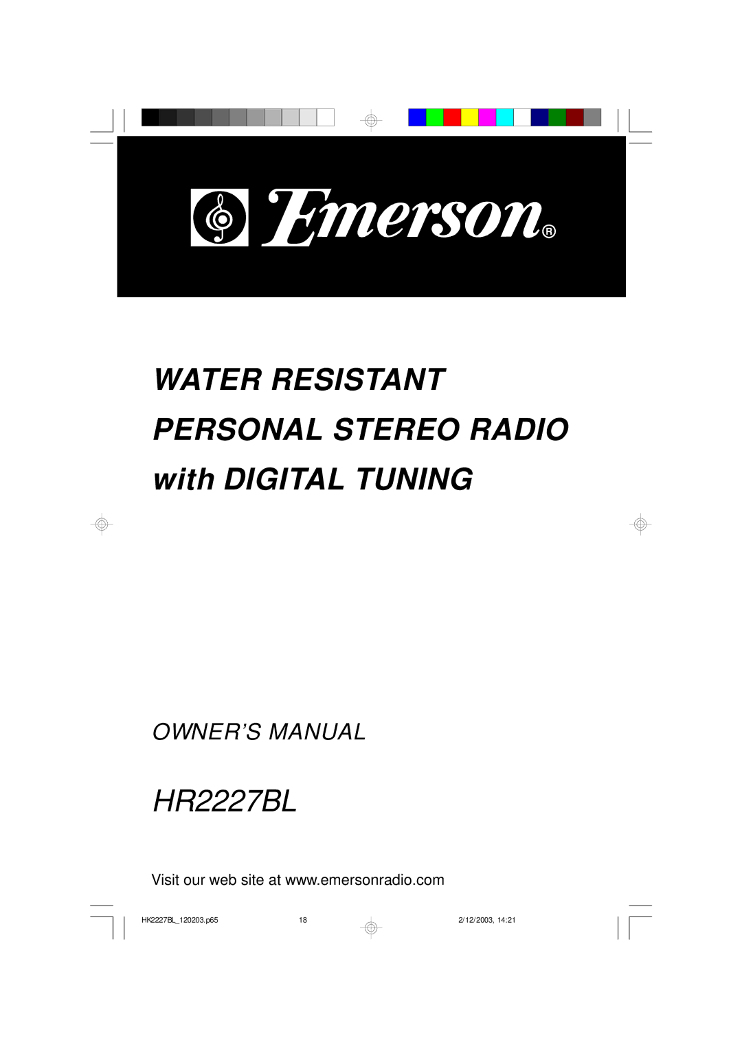 Emerson HR2227BL owner manual Water Resistant Personal Stereo Radio 