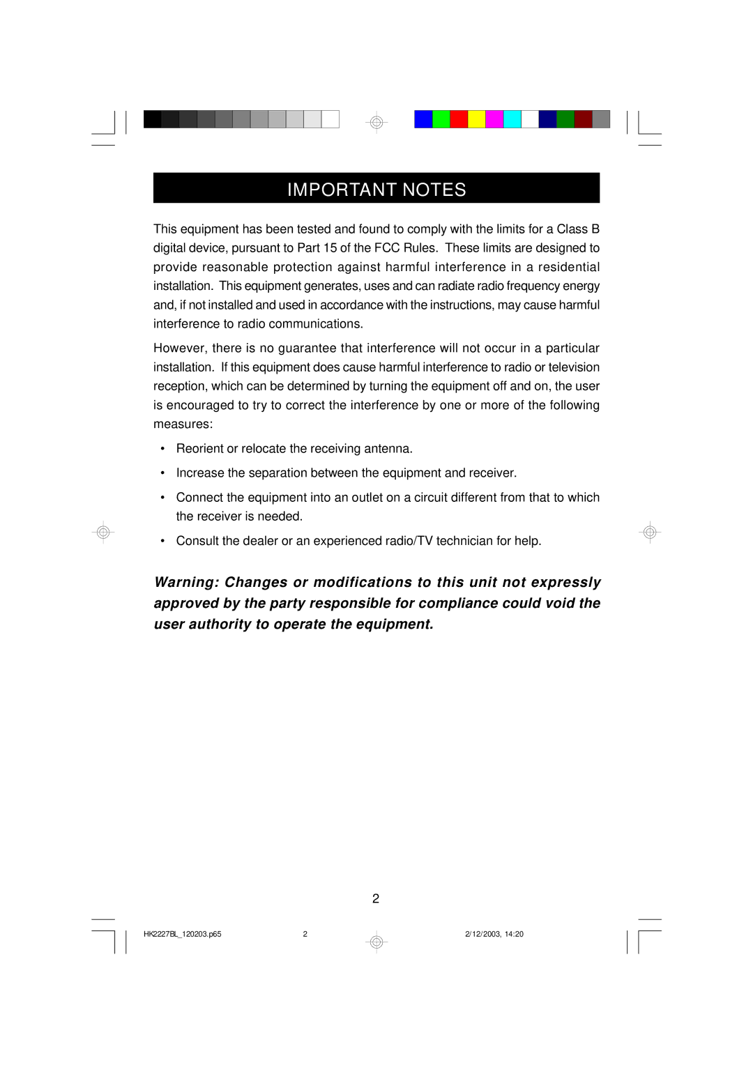 Emerson HR2227BL owner manual Important Notes 