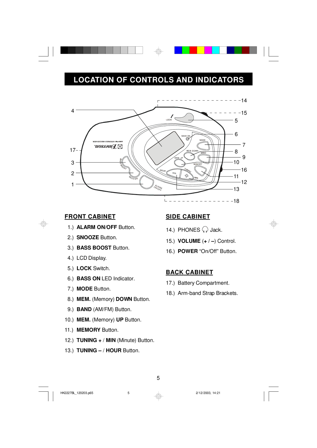 Emerson HR2227BL owner manual Location of Controls and Indicators, Front Cabinet Side Cabinet 