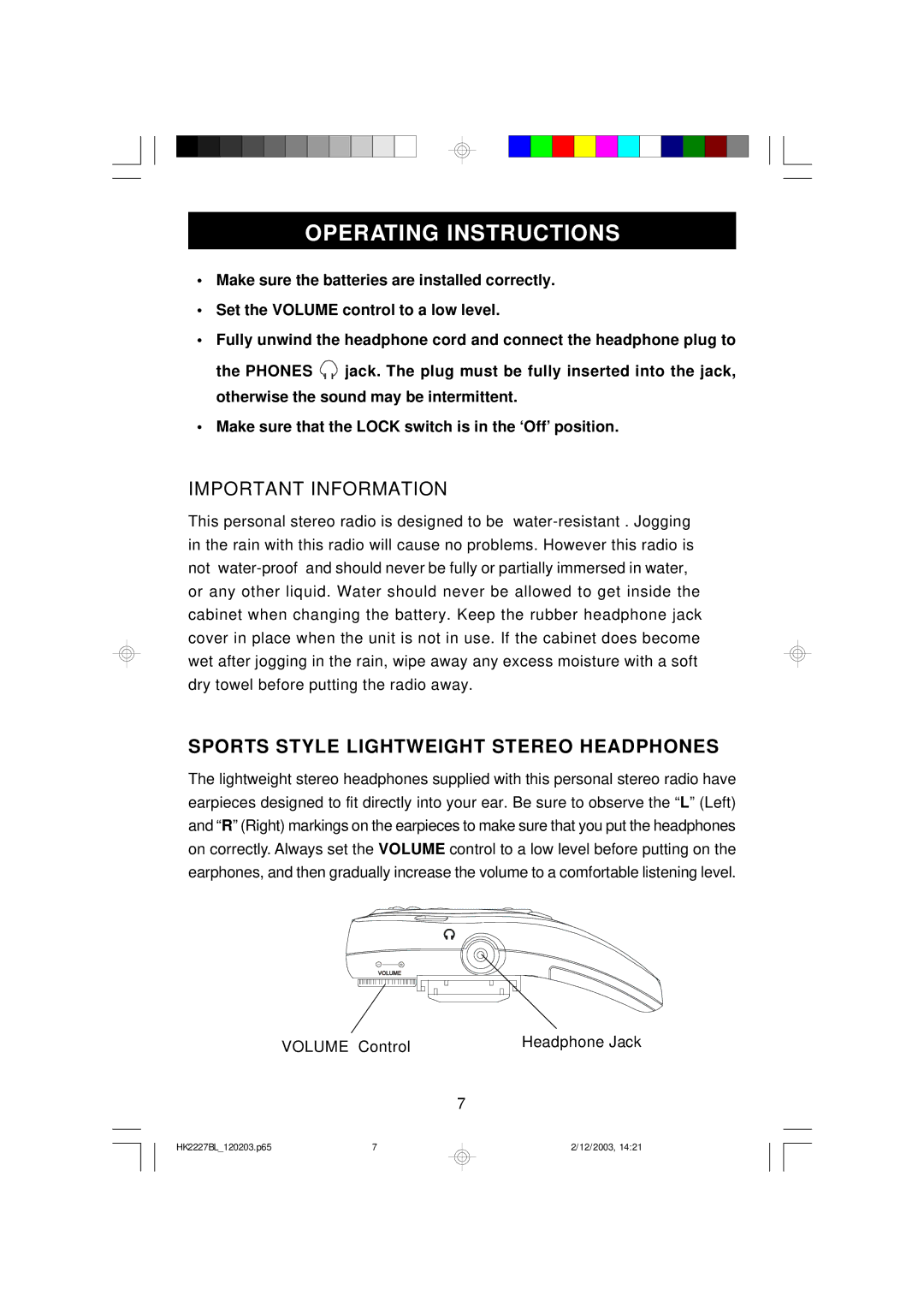 Emerson HR2227BL owner manual Operating Instructions, Sports Style Lightweight Stereo Headphones 