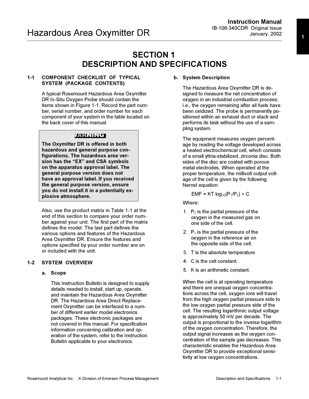 Emerson oxymitterdr hazardous area in-siu oxygen probe Section Description and Specifications, System Overview 