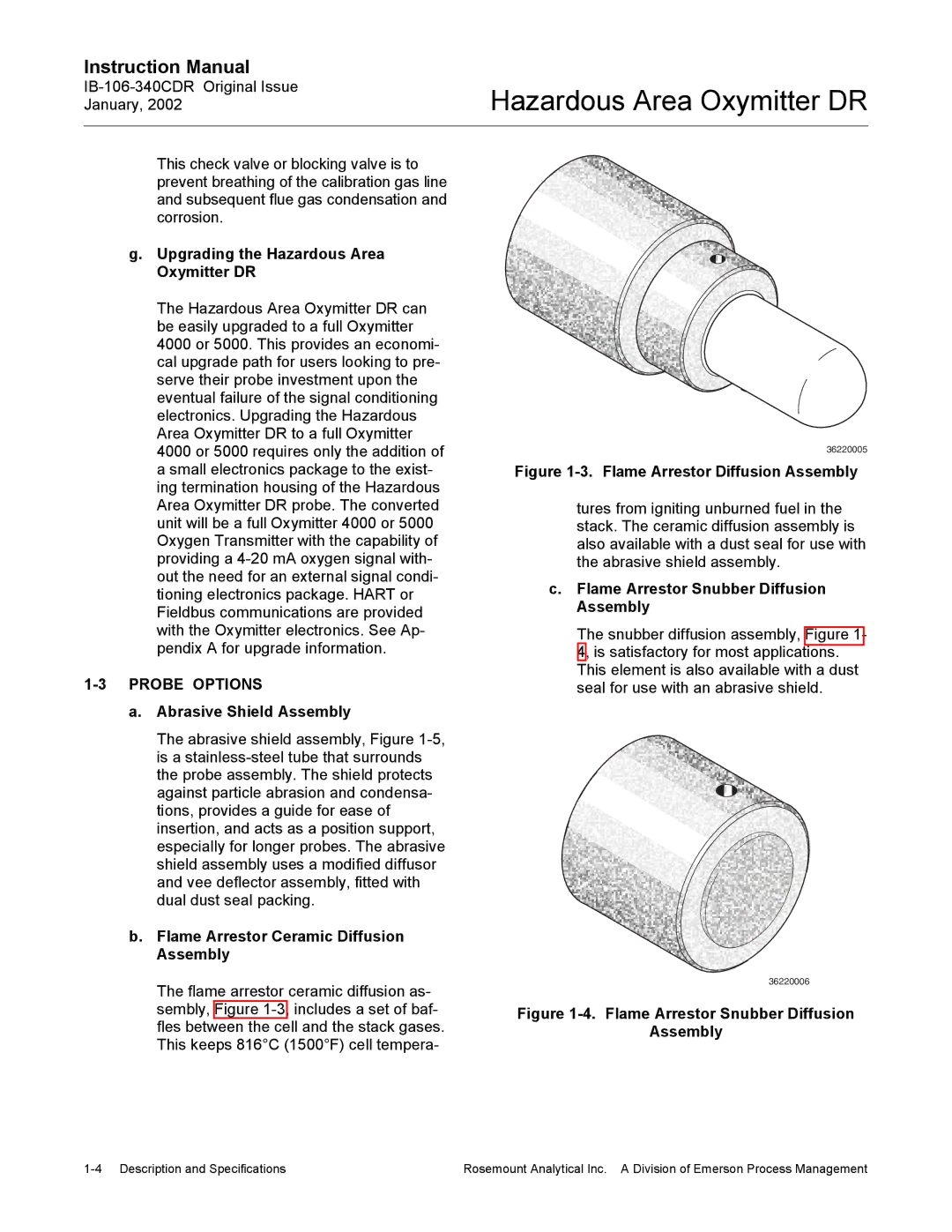 Emerson ib-106-340cdr instruction manual Upgrading the Hazardous Area Oxymitter DR, Probe Options, Abrasive Shield Assembly 