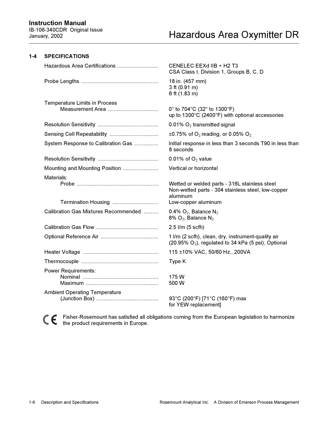 Emerson ib-106-340cdr, oxymitterdr hazardous area in-siu oxygen probe instruction manual Specifications 