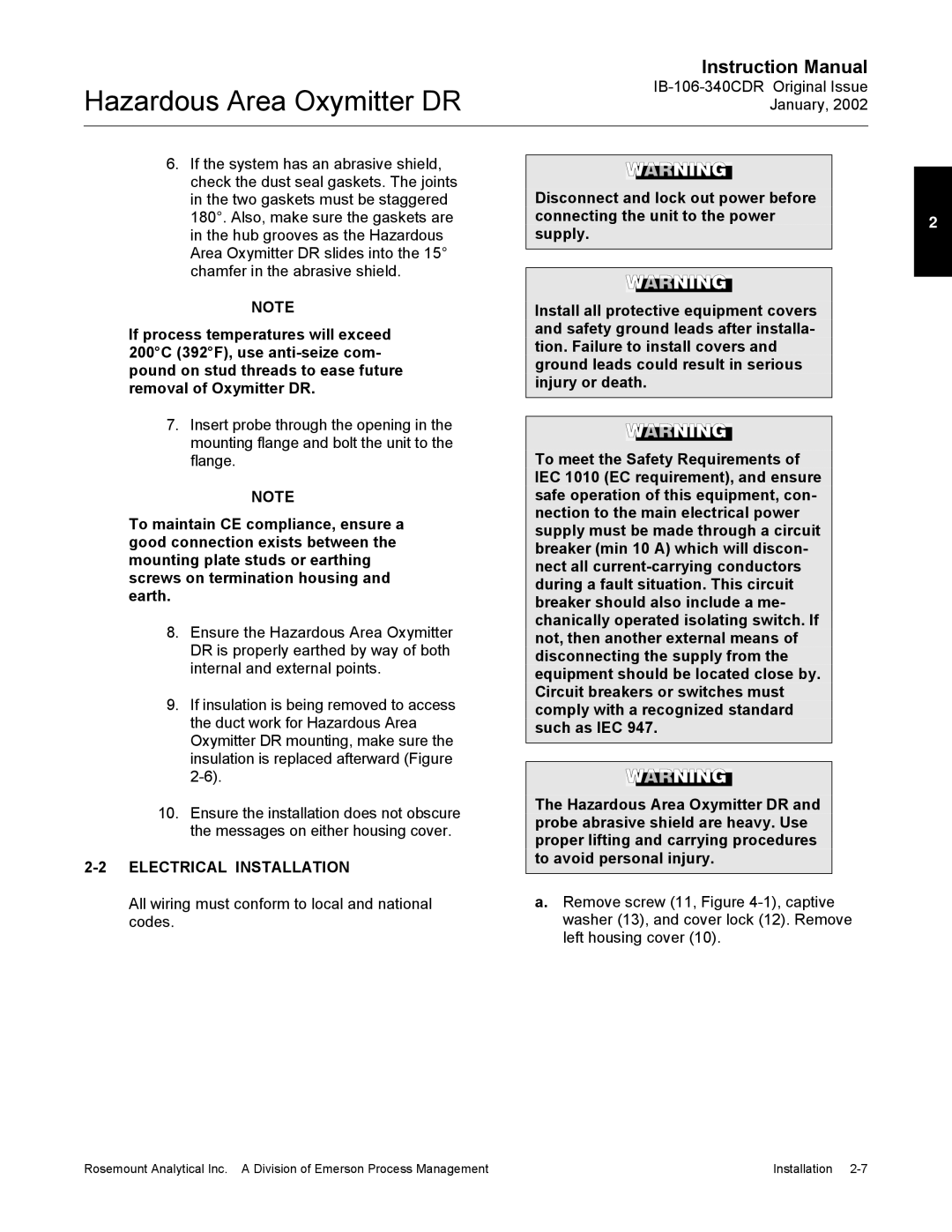 Emerson oxymitterdr hazardous area in-siu oxygen probe, ib-106-340cdr instruction manual Electrical Installation 