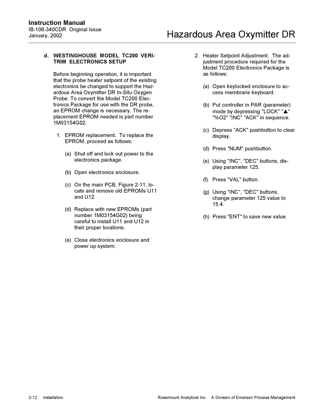 Emerson ib-106-340cdr instruction manual Westinghouse Model TC200 VERI- Trim Electronics Setup 