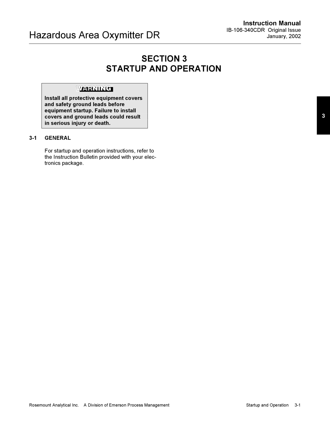 Emerson oxymitterdr hazardous area in-siu oxygen probe, ib-106-340cdr Section Startup and Operation, General 