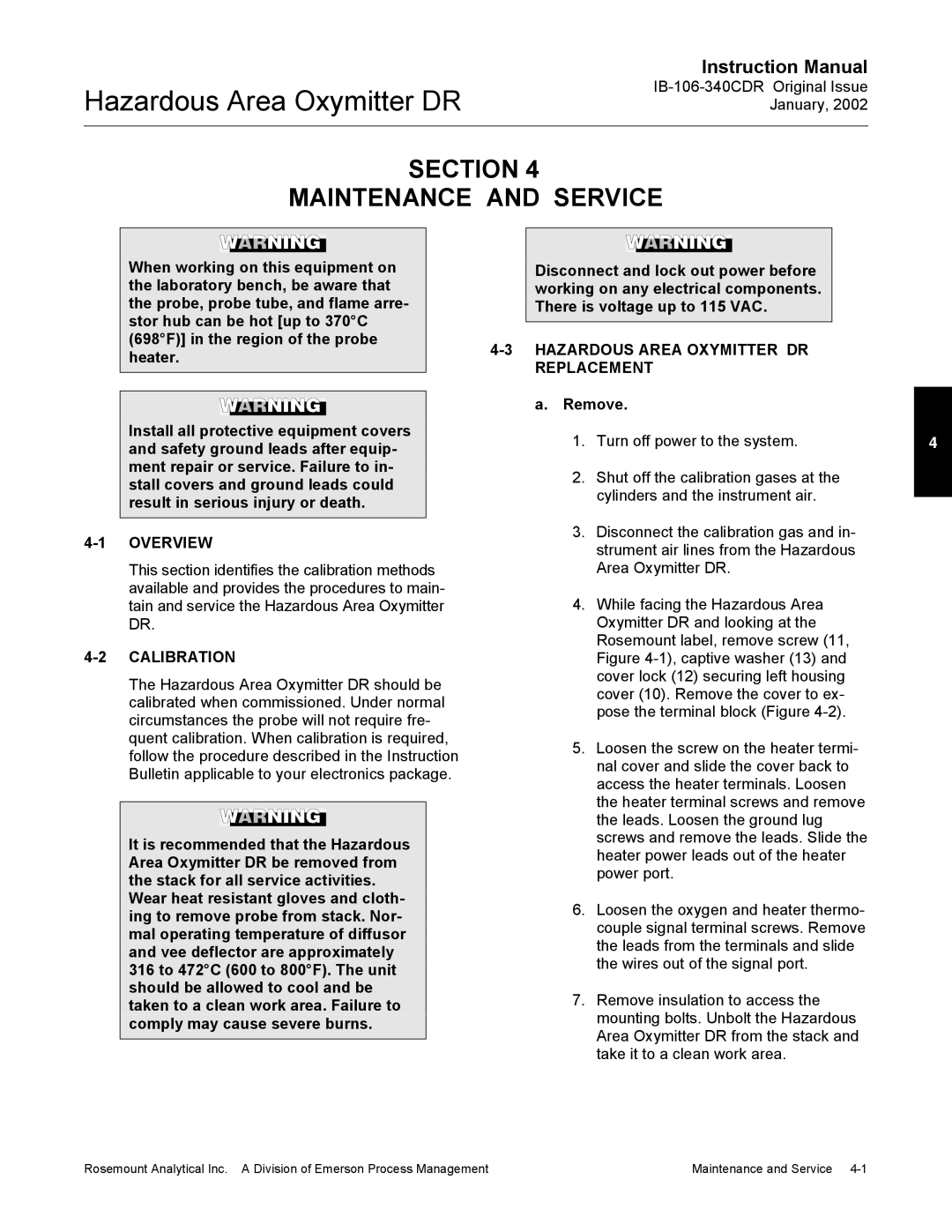 Emerson oxymitterdr hazardous area in-siu oxygen probe Section Maintenance and Service, Overview, Calibration, Remove 