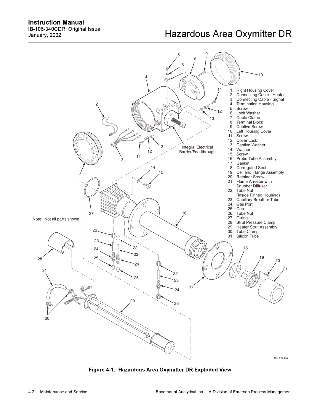 Emerson ib-106-340cdr, oxymitterdr hazardous area in-siu oxygen probe Hazardous Area Oxymitter DR Exploded View 