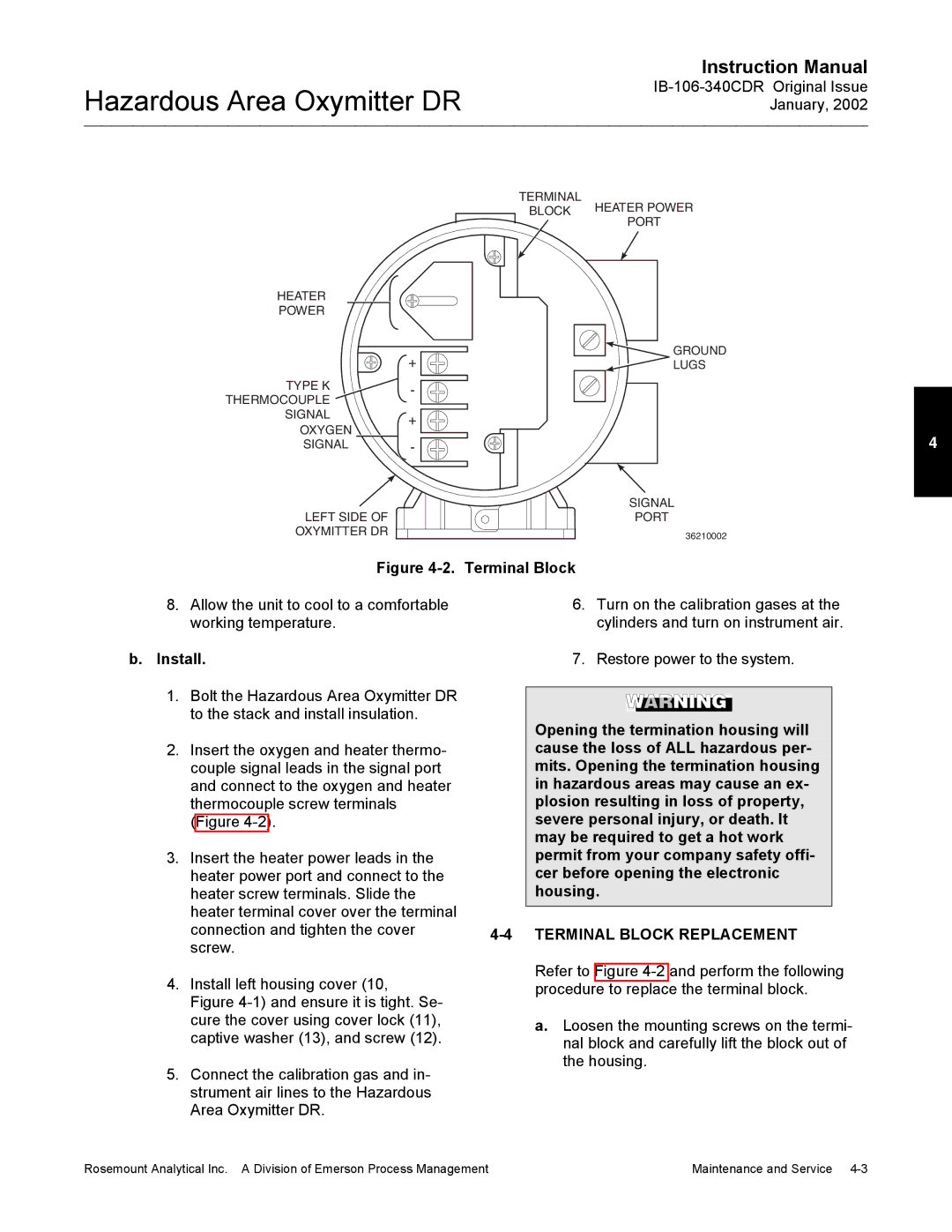 Emerson oxymitterdr hazardous area in-siu oxygen probe, ib-106-340cdr instruction manual Install, Terminal Block Replacement 