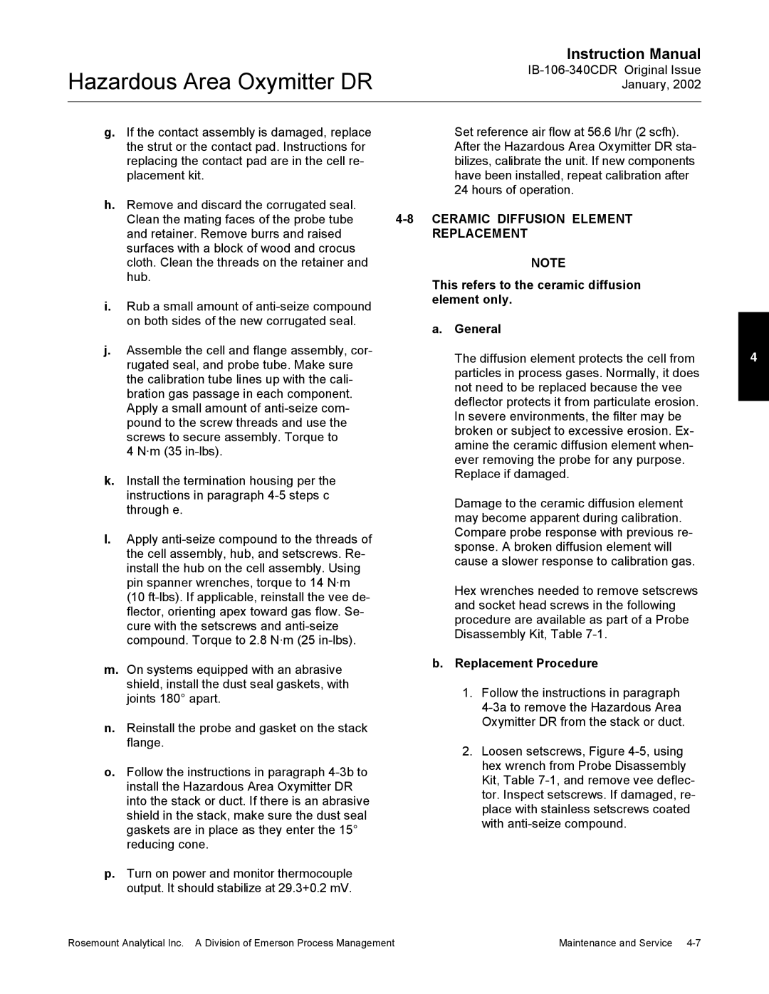 Emerson oxymitterdr hazardous area in-siu oxygen probe Ceramic Diffusion Element Replacement, Replacement Procedure 