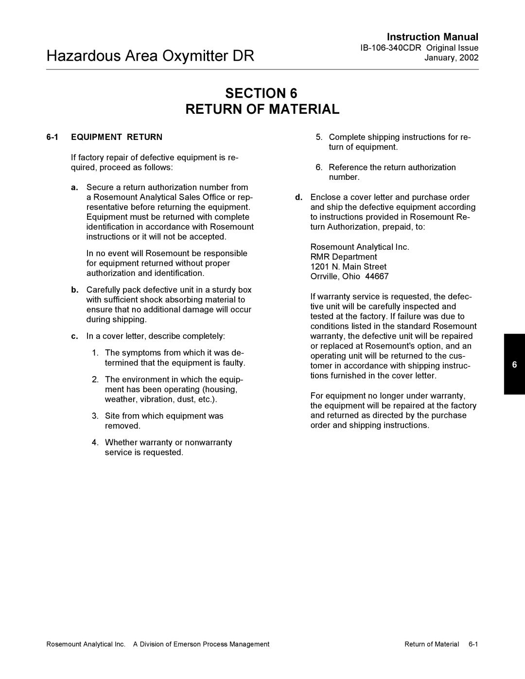 Emerson oxymitterdr hazardous area in-siu oxygen probe, ib-106-340cdr Section Return of Material, Equipment Return 