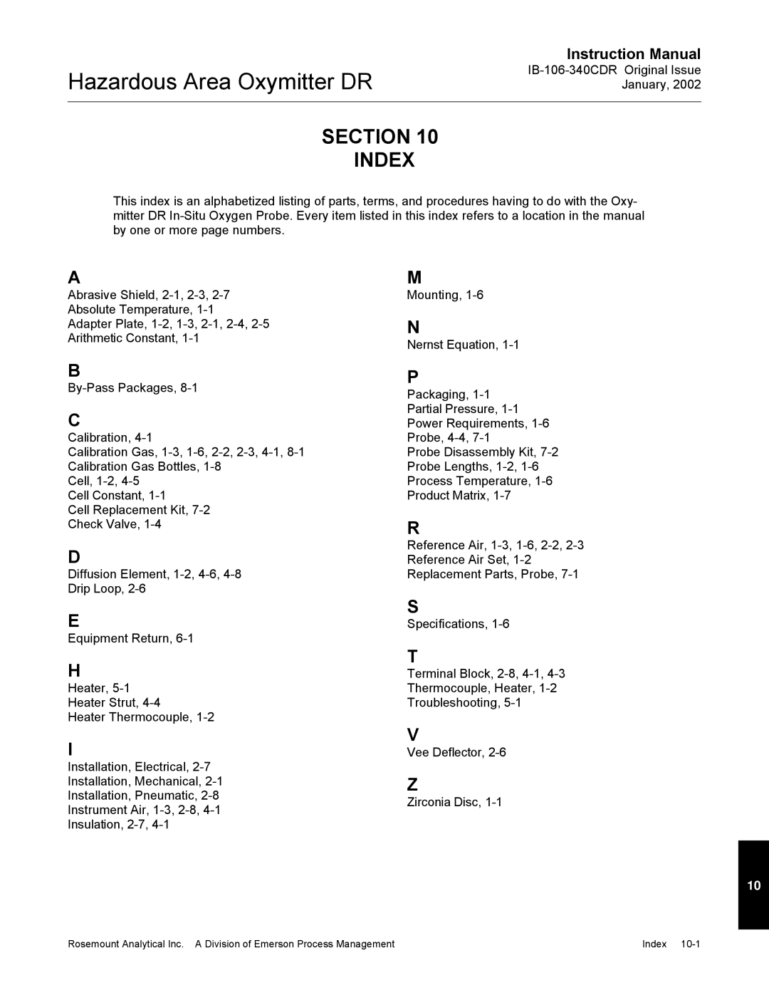 Emerson oxymitterdr hazardous area in-siu oxygen probe, ib-106-340cdr instruction manual Section Index 