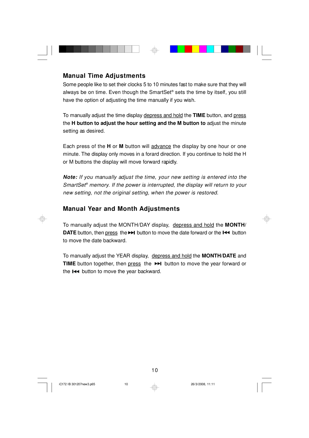 Emerson IC172 important safety instructions Manual Time Adjustments, Manual Year and Month Adjustments 