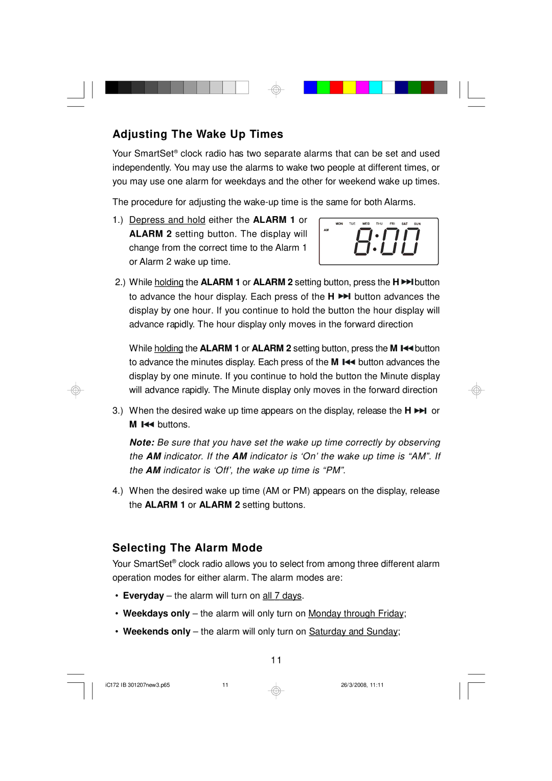 Emerson IC172 important safety instructions Adjusting The Wake Up Times, Selecting The Alarm Mode 