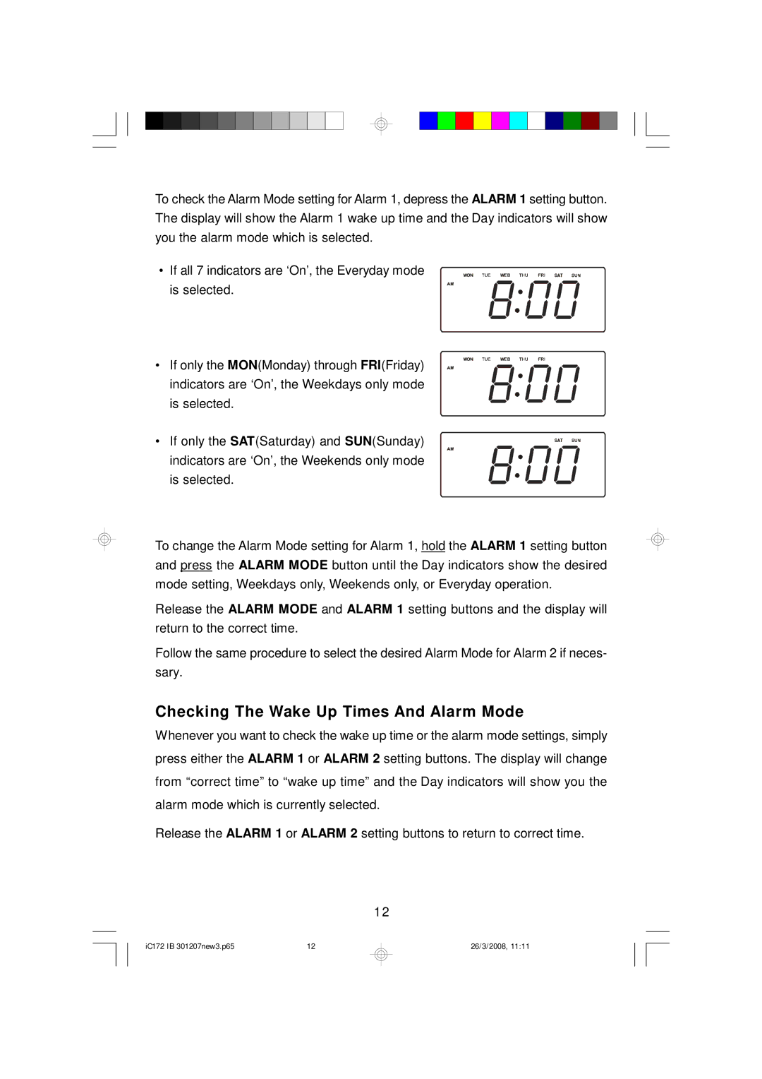 Emerson IC172 important safety instructions Checking The Wake Up Times And Alarm Mode 