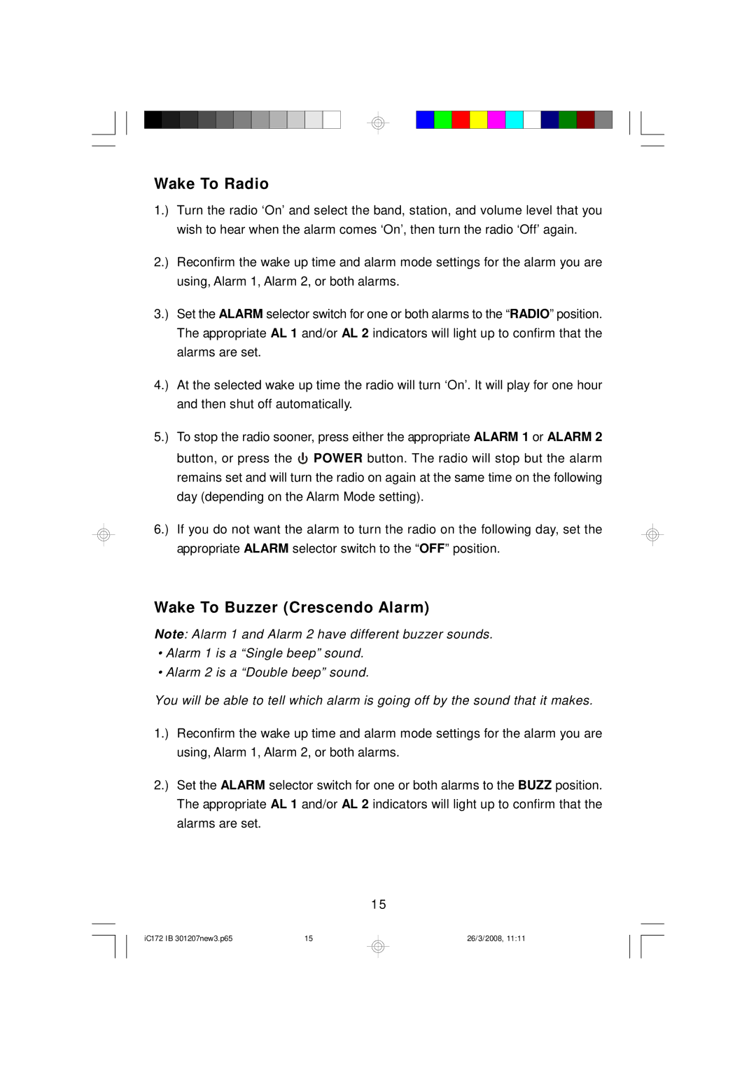 Emerson IC172 important safety instructions Wake To Radio, Wake To Buzzer Crescendo Alarm 