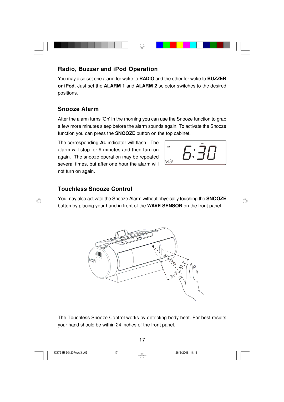 Emerson IC172 important safety instructions Radio, Buzzer and iPod Operation, Snooze Alarm, Touchless Snooze Control 