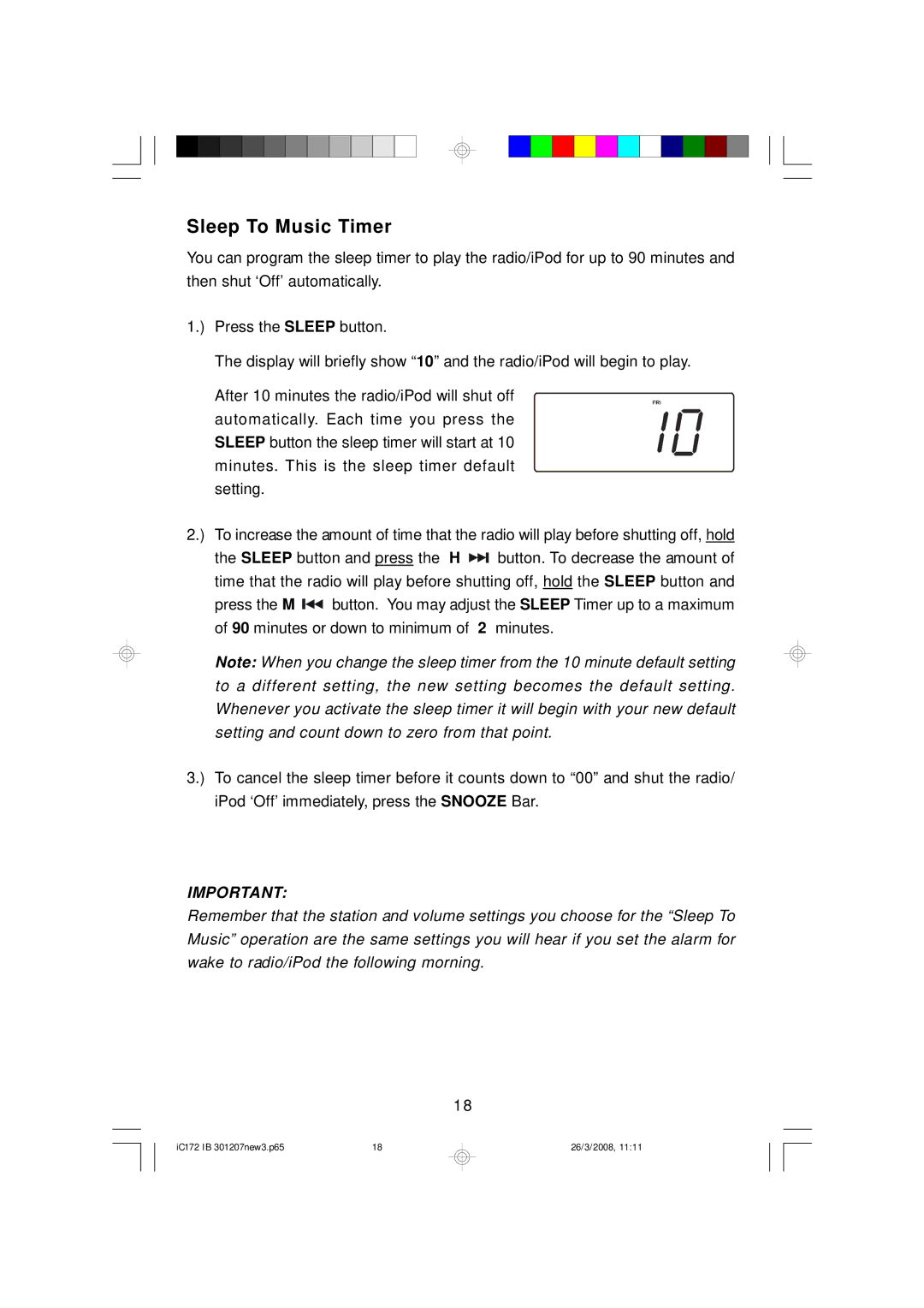 Emerson IC172 important safety instructions Sleep To Music Timer 