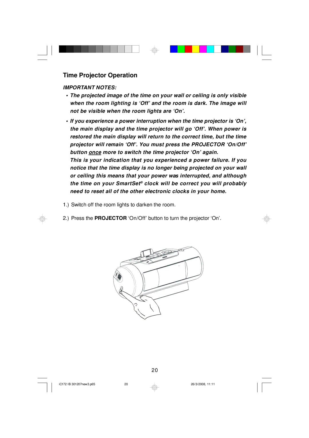 Emerson IC172 important safety instructions Time Projector Operation, Important Notes 