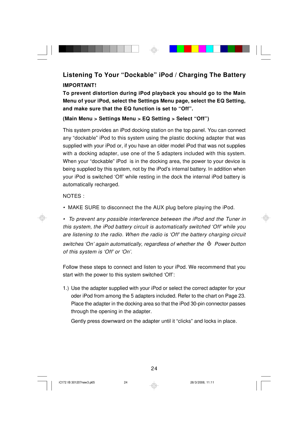 Emerson IC172 important safety instructions Listening To Your Dockable iPod / Charging The Battery 